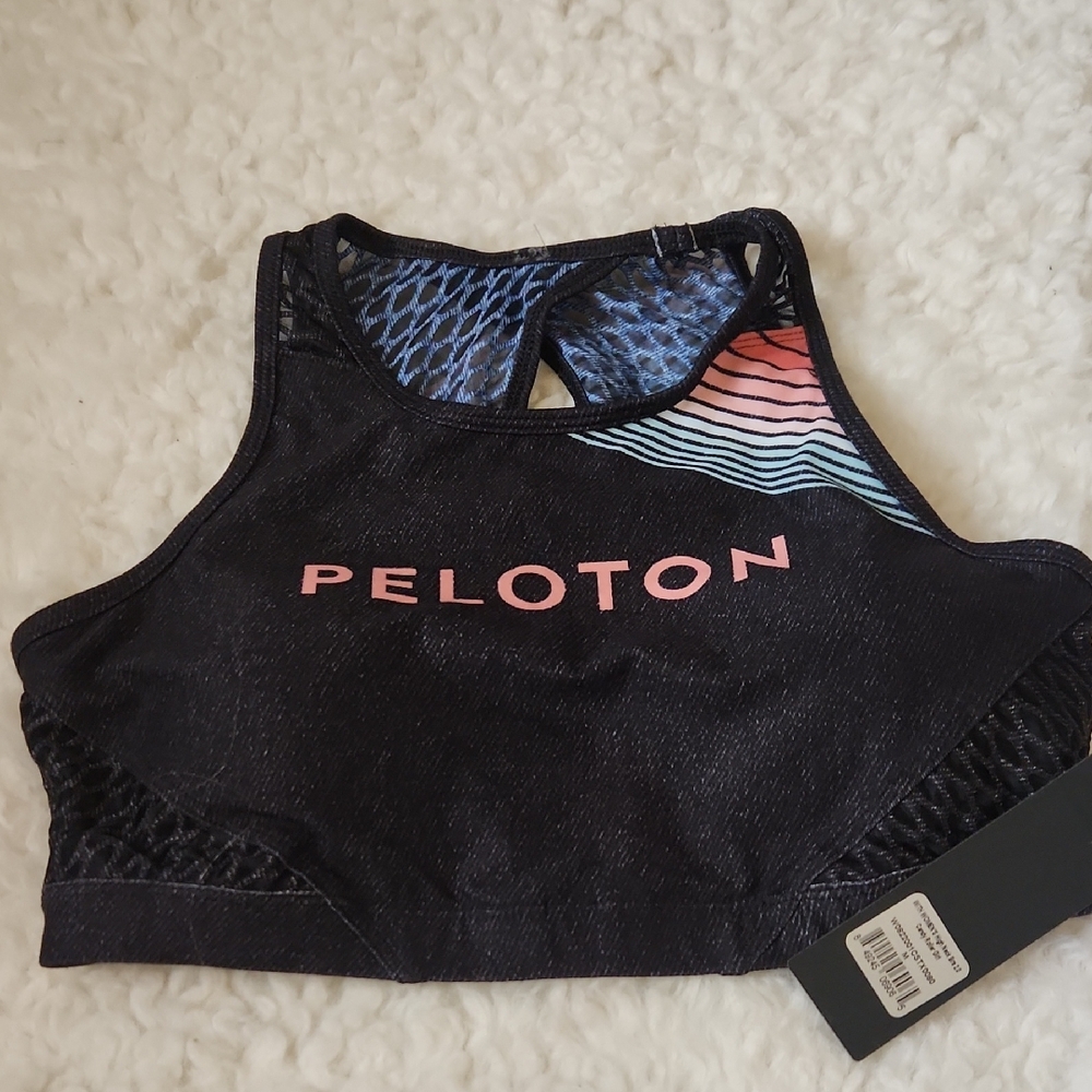 Peloton Black Sports Bra with Pink Logo and Multicolor Accent